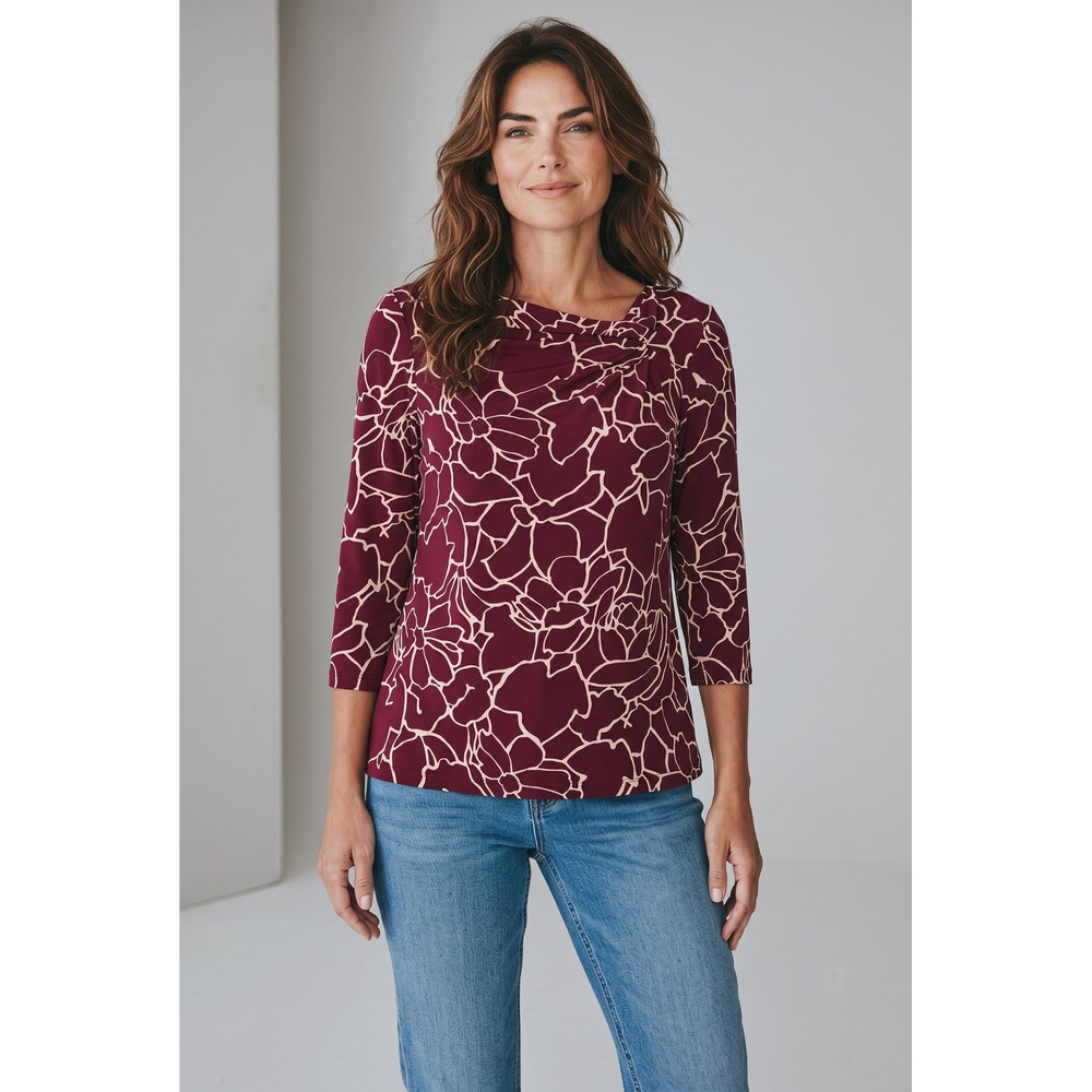 Liz Claiborne Womens XL Burgundy Floral Cowl Neck 3/4 Sleeve Top Blouse